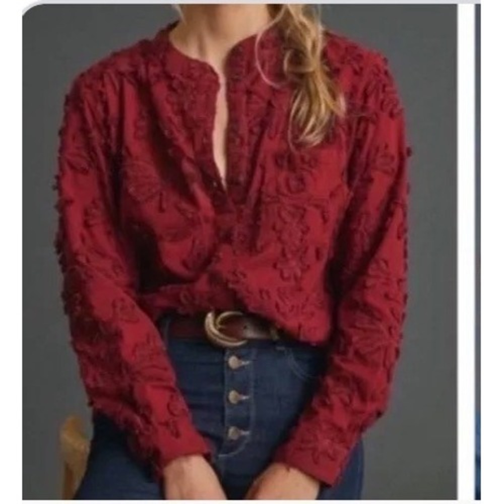 Anthropologie Pilcro Trapeze Embroidered Shirt Red Burgundy Cotton M